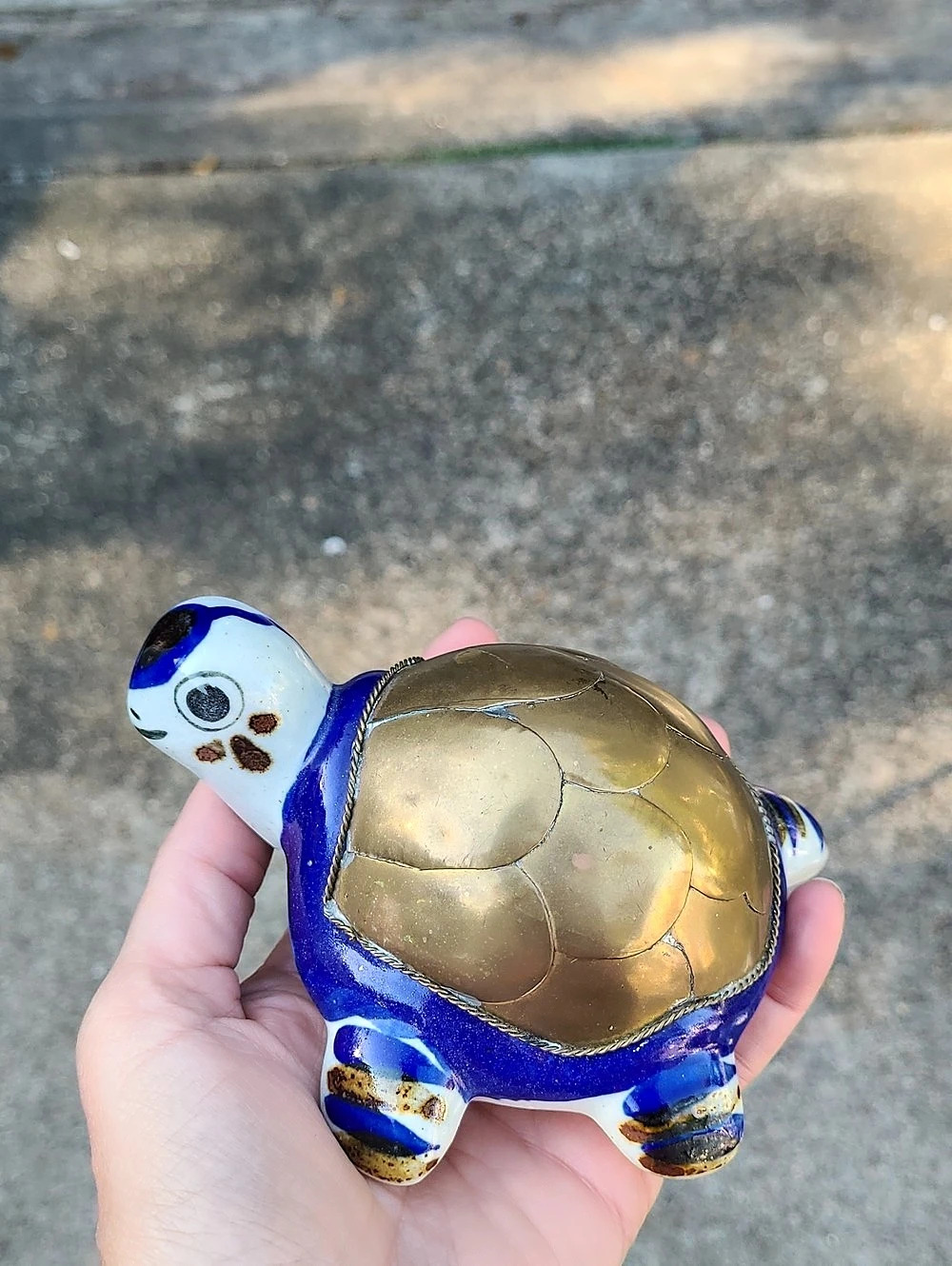Vintage TONALA Blue & Gold Ceramic Turtle Mexican Pottery